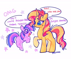 Size: 2048x1692 | Tagged: dead source, safe, artist:petaltwinkle, sunset shimmer, twilight sparkle, pony, unicorn, g4, cute, duo, duo female, female, filly, filly twilight sparkle, horn, looking at each other, looking at someone, open mouth, speech bubble, starry eyes, stars, text, twiabetes, wingding eyes, younger