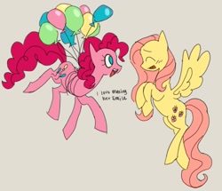 Size: 1887x1622 | Tagged: safe, artist:zorotac, fluttershy, pinkie pie, earth pony, pegasus, pony, g4, balloon, cute, duo, duo female, female, gray background, mare, open mouth, open smile, simple background, smiling, smiling at someone