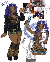 Size: 1572x1955 | Tagged: safe, artist:zorotac, opalescence, rarity, cat, human, g4, dark skin, flip phone, holding, holding a cat, holding phone, humanized, phone