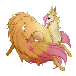 Size: 1000x1000 | Tagged: safe, artist:atelgo, fluttershy, kitsune, collaboration:bestiary of fluttershy, g4, chest fluff, collaboration, ear fluff, female, fluffy, full body, multiple tails, pale belly, simple background, solo, species swap, tail, transparent background