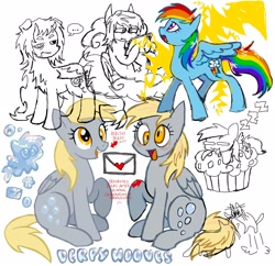 Size: 2048x1984 | Tagged: safe, artist:zorotac, derpy hooves, rainbow dash, pegasus, pony, g4, female, food, mare, muffin, open mouth, open smile, sketch, sketch dump, smiling