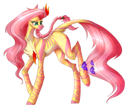 Size: 1000x856 | Tagged: safe, artist:atelgo, fluttershy, butterfly, zebra, collaboration:bestiary of fluttershy, g4, braid, chest fluff, collaboration, colored eartips, colored eyebrows, colored eyelashes, colored hooves, colored muzzle, colored pupils, feather necklace, feathers in hair, female, hock fluff, hooves, jewelry, leonine tail, mare, necklace, pale belly, simple background, solo, species swap, stripes, tail, tail fluff, transparent background, zebrafied