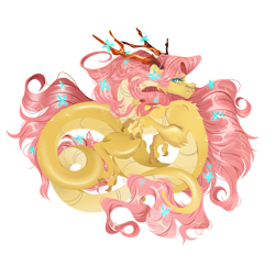 Size: 1000x969 | Tagged: safe, artist:mouse tail, fluttershy, dragon, eastern dragon, collaboration:bestiary of fluttershy, g4, antlers, collaboration, dragonified, female, flutterdragon, simple background, solo, species swap, transparent background