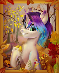 Size: 758x935 | Tagged: safe, artist:ske, oc, oc only, oc:shedlight feather, kirin, basket, cloven hooves, forest, forest background, hoof hold, horn, kirin oc, leaves, looking at you, mushroom, nature, outdoors, smiling, smiling at you, solo, tree