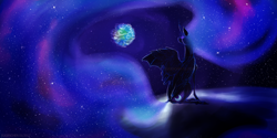 Size: 1700x850 | Tagged: safe, artist:eugenchen, nightmare moon, alicorn, pony, g4, banishment, bat wings, curved horn, cutie mark, ethereal mane, female, horn, long hair, long tail, mare, moon, one wing out, planet, sitting, solo, space, starry mane, stars, tail, wings