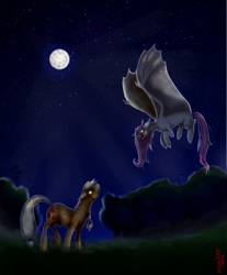 Size: 2228x2692 | Tagged: safe, artist:eugenchen, applejack, fluttershy, bat pony, earth pony, pony, g4, bat ponified, confrontation, duo, duo female, female, flutterbat, looking at each other, looking at someone, mare, missing accessory, moon, night, race swap, stars, tree