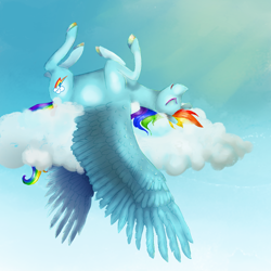 Size: 1700x1700 | Tagged: safe, artist:eugenchen, rainbow dash, pegasus, pony, g4, backwards cutie mark, cloud, crepuscular rays, eyes closed, female, lying down, mare, nap, on a cloud, on back, outdoors, sky, sleeping, sleeping on a cloud, solo, spread wings, wings