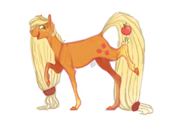 Size: 2040x1530 | Tagged: safe, artist:eugenchen, applejack, earth pony, pony, g4, apple, cute, cutie mark, female, food, freckles, happy, hatless, long hair, long tail, looking back, mare, missing accessory, open mouth, simple background, smiling, solo, tail, white background