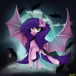 Size: 4000x4000 | Tagged: safe, artist:ser-p, pipp petals, bat pony, pony, g5, absurd resolution, bat pipp, moon, outdoors, pipp bat, race swap