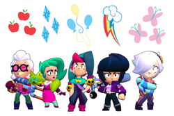 Size: 6000x4000 | Tagged: safe, applejack, fluttershy, pinkie pie, rainbow dash, rarity, human, g4, barely pony related, belle (brawl stars), bibi, bibi (brawl stars), brawl stars, brawler, chester, chester (brawl stars), clothes, colette, colette (brawl stars), comparison, crossover, cutie mark, cutie mark only, dress, female, glasses, hat, jacket, jester hat, jester outfit, lola, lola (brawl stars), male, no pony, pants, shoes, supercell, vest