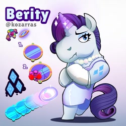 Size: 640x640 | Tagged: safe, artist:kozarras, rarity, oc, oc:berity, unicorn, anthro, unguligrade anthro, g4, anthro oc, berry (brawl stars), brawl stars, character name, clothes, cosplay, costume, crossdressing, cutie mark, dress, eyelashes, gradient background, horn, male, mirror, reference sheet, solo, stallion, supercell, trap