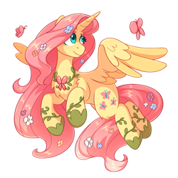 Size: 1000x1000 | Tagged: safe, artist:skysorbett, fluttershy, alicorn, butterfly, pony, collaboration:bestiary of fluttershy, g4, alicornified, beautiful, chest fluff, collaboration, female, flower, flower in hair, fluttercorn, flying, hoof shoes, horn, jewelry, leg fluff, mare, necklace, peytral, princess shoes, race swap, simple background, solo, spread wings, transparent background, wings