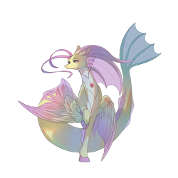 Size: 1000x1002 | Tagged: safe, artist:leafhopper, fluttershy, siren, collaboration:bestiary of fluttershy, g4, cloven hooves, collaboration, female, simple background, sirenified, solo, species swap, transparent background, wings