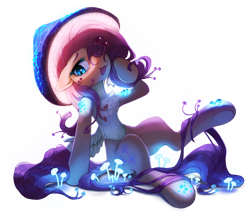 Size: 1000x856 | Tagged: safe, alternate version, artist:astralblues, fluttershy, mushroom pony, original species, pegasus, pony, collaboration:bestiary of fluttershy, g4, chest fluff, collaboration, colored eyebrows, eyebrows, female, floppy ears, glowing, glowing mushroom, looking at you, mare, mushroom, mushroomified, open mouth, open smile, signature, simple background, sitting, smiling, smiling at you, solo, species swap, transparent background, underhoof, wings