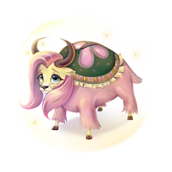 Size: 1000x1000 | Tagged: safe, artist:ske, fluttershy, butterfly, yak, collaboration:bestiary of fluttershy, g4, cloven hooves, collaboration, female, horns, simple background, solo, species swap, transparent background, yakified