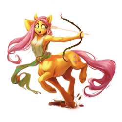 Size: 1000x1000 | Tagged: safe, artist:jewellier, fluttershy, centaur, ponytaur, anthro, taur, collaboration:bestiary of fluttershy, g4, anthro centaur, arrow, bow (weapon), bow and arrow, breasts, centaurified, clothes, collaboration, female, running, sideboob, simple background, solo, species swap, transparent background, weapon