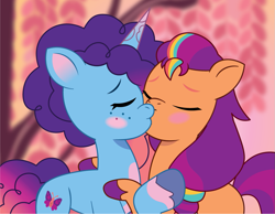 Size: 1037x803 | Tagged: safe, artist:prixy05, misty brightdawn, sunny starscout, earth pony, pony, unicorn, g5, my little pony: tell your tale, blushing, duo, duo female, eyes closed, female, horn, kiss on the lips, kissing, lesbian, mane stripe sunny, mare, rebirth misty, ship:sunnydawn, shipping, unitober 2024