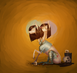 Size: 1432x1367 | Tagged: safe, artist:eugenchen, earth pony, pony, abstract background, bow, clara buhalmet, clothes, conjoined, conjoined twins, female, fran bow, hair bow, jar, mare, mia buhalmet, multiple heads, ponified, sitting, skull, socks, striped socks, two heads