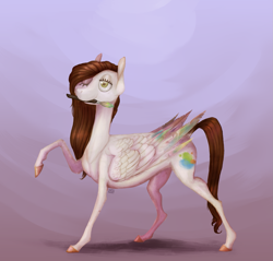 Size: 1385x1326 | Tagged: safe, artist:eugenchen, oc, oc only, oc:wolfie drawie, pegasus, pony, abstract background, concave belly, female, mare, mouth hold, paintbrush, solo