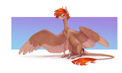 Size: 2537x1520 | Tagged: safe, artist:eugenchen, oc, oc only, oc:miha bug, pegasus, pony, abstract background, belly, female, glasses, large wings, leonine tail, mare, passepartout, round glasses, sitting, skinny, spread wings, tail, thin, thin legs, wings