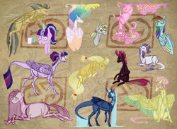 Size: 2160x1584 | Tagged: safe, artist:eugenchen, applejack, daring do, derpy hooves, fluttershy, pinkie pie, princess celestia, princess luna, rainbow dash, rarity, starlight glimmer, tempest shadow, twilight sparkle, alicorn, earth pony, pegasus, pony, unicorn, g4, abstract background, alternate hairstyle, broken horn, colored sketch, colored wings, colored wingtips, curved horn, derp, eyes closed, female, horn, leonine tail, lying down, magic, mare, missing accessory, mug, multicolored wings, pinkamena diane pie, ponytail, prone, rainbow wings, sitting, sketch, sketch dump, spread wings, starlight glimmer is not amused, tail, telekinesis, tongue out, twilight sparkle (alicorn), unamused, wings