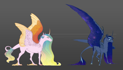 Size: 3605x2059 | Tagged: safe, artist:eugenchen, princess celestia, princess luna, alicorn, pony, g4, alternate design, claws, colored wings, colored wingtips, curved horn, female, gradient background, horn, leonine tail, mare, spread wings, tail, unshorn fetlocks, wing claws, wings