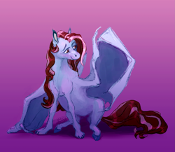 Size: 2503x2169 | Tagged: safe, artist:eugenchen, oc, oc only, oc:pen rose, bat pony, pony, claws, female, gradient background, mare, solo, spread wings, wing claws, wings