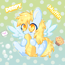 Size: 4200x4200 | Tagged: safe, artist:winstiky, derpy hooves, pegasus, g4, blue coat, cute, derpabetes, food, gradient background, mail, muffin, name, solo, tail, text, yellow eyes, yellow mane, yellow tail