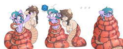 Size: 7000x2800 | Tagged: safe, artist:fluffyxai, oc, oc only, oc:berry twist, lamia, original species, coiling, coils, duo, fetish, hypno eyes, hypnosis, hypnosis fetish, hypnotized, kaa eyes, nervous, simple background, smiling, sweat, white background, wrapped up