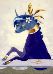 Size: 1600x2212 | Tagged: safe, artist:eugenchen, princess luna, pony, unicorn, g4, alternate design, bangles, curved horn, female, flower, flower in hair, horn, mare, race swap, solo, table, unicorn luna