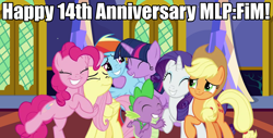 Size: 8115x4115 | Tagged: safe, artist:estories, artist:twilyisbestpone, applejack, fluttershy, pinkie pie, rainbow dash, rarity, spike, twilight sparkle, alicorn, dragon, earth pony, pegasus, pony, unicorn, mlp fim's fourteenth anniversary, g4, absurd resolution, eyes closed, female, group hug, happy, horn, hug, indoors, male, mane seven, mane six, mare, raised hoof, smiling, twilight sparkle (alicorn), twilight's castle, winged spike, wings