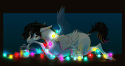 Size: 3649x1929 | Tagged: safe, artist:eugenchen, oc, oc only, pegasus, pony, abstract background, christmas, christmas lights, holiday, jar, solo, spread wings, wings