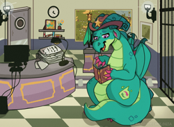 Size: 2070x1519 | Tagged: safe, artist:dragao_tecnologia, sparky sparkeroni, dragon, g5, book, clock, computer, desk lamp, hat, indoors, map, office, older, older sparky sparkeroni, solo, unitober 2024