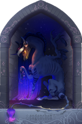 Size: 2438x3667 | Tagged: safe, artist:alrumoon_art, artist:eugenchen, princess luna, collaboration:nightmare night event (2022), g4, collaboration, creepy, curved horn, ear piercing, earring, emaciated, female, horn, jewelry, leonine tail, monster, piercing, ribs, sharp teeth, skinny, solo, species swap, tail, teeth, thin, wings