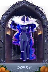 Size: 1625x2445 | Tagged: safe, artist:alrumoon_art, artist:dorry, princess luna, alicorn, pony, collaboration:nightmare night event (2022), g4, clothes, cloud, collaboration, cosplay, costume, female, hat, looking at you, mare, pumpkin, solo