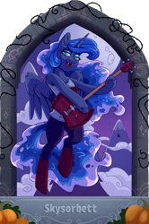 Size: 1625x2445 | Tagged: safe, artist:alrumoon_art, artist:skysorbett, princess luna, alicorn, undead, vampire, semi-anthro, collaboration:nightmare night event (2022), g4, adventure time, boots, chest fluff, clothes, collaboration, crossover, fangs, female, flying, guitar, marceline, mountain, musical instrument, shoes, slit pupils, solo, tank top, unshorn fetlocks