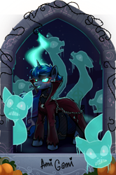 Size: 1625x2445 | Tagged: safe, artist:alrumoon_art, artist:ami-gami, princess luna, ghost, pony, undead, unicorn, collaboration:nightmare night event (2022), g4, clothes, collaboration, female, glowing, glowing eyes, horn, magic, mare, race swap, solo, unicorn luna