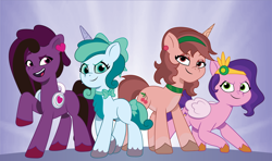 Size: 2400x1425 | Tagged: safe, artist:prixy05, pipp petals, oc, oc:cherry cherise, oc:prixy, oc:tmoney, earth pony, pegasus, pony, unicorn, g5, my little pony: tell your tale, colored sclera, female, friends, group, horn, mare, multiple characters, quartet, unshorn fetlocks