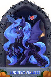 Size: 1625x2445 | Tagged: safe, artist:alrumoon_art, artist:lunnita_pony, princess luna, alicorn, bat pony, bat pony alicorn, pony, collaboration:nightmare night event (2022), g4, apple, bat ponified, bat wings, clothes, collaboration, fangs, female, food, horn, lunabat, magic, mare, race swap, rearing, spread wings, telekinesis, wings