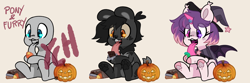 Size: 4500x1500 | Tagged: safe, artist:lionbun, oc, oc:wanda, pony, anthro, advertisement, candy, chibi, commission, food, furry, halloween, holiday, jack-o-lantern, large tongue, licking, pumpkin, tongue out, ych example, your character here