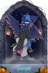 Size: 4000x5977 | Tagged: safe, artist:alrumoon_art, artist:lunylin, princess luna, alicorn, pony, collaboration:nightmare night event (2022), g4, clothes, collaboration, constellation hair, female, flying, mare, solo, spread wings, wings