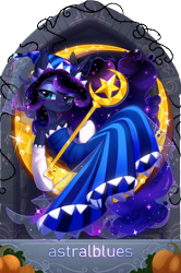 Size: 1625x2445 | Tagged: safe, artist:alrumoon_art, artist:astralblues, princess luna, alicorn, pony, semi-anthro, collaboration:nightmare night event (2022), g4, chest fluff, clothes, collaboration, cookie run, cosplay, costume, crescent moon, dress, ear tufts, female, key, looking at you, mare, moon, moonlight cookie, smiling, smiling at you, solo, tangible heavenly object