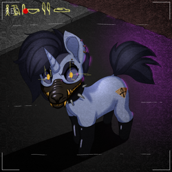 Size: 2000x2000 | Tagged: safe, artist:zettaidullahan, oc, oc only, oc:tansha, unicorn, cctv, clothes, collar, cyberpunk, egyptian, glowing, glowing eyes, hieroglyphics, horn, mask, setting: neo somnambula, solo, stockings, thigh highs