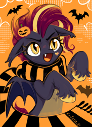 Size: 1583x2173 | Tagged: safe, artist:krista-21, oc, oc only, oc:nightingale ode, bat, bat pony, mlp fim's fourteenth anniversary, >:d, abstract background, bat ears, bat pony oc, bat wings, blushing, chest fluff, clothes, cute, ear fluff, fangs, female, floppy ears, heart, hooves, looking at you, mare, messy mane, open mouth, open smile, pumpkin, raised hoof, scarf, smiling, solo, spread wings, striped scarf, wings, yellow eyes