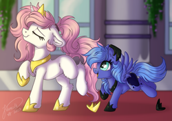 Size: 4093x2894 | Tagged: safe, artist:julunis14, princess celestia, princess luna, pegasus, pony, unicorn, g4, blank flank, cewestia, coat markings, crown, cute, cutelestia, duo, duo female, ear fluff, eyes closed, female, filly, filly luna, floppy ears, fluffy, foal, high res, hoof shoes, horn, indoors, jewelry, leg fluff, lunabetes, open mouth, open smile, pegasus luna, peytral, princess shoes, profile, race swap, raised hoof, regalia, royal sisters, siblings, side view, signature, sisters, smiling, strut, strutting, tail, unicorn celestia, wing fluff, wings, woona, young celestia, young luna, younger