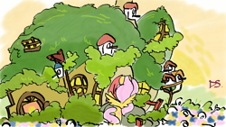 Size: 1536x864 | Tagged: safe, artist:dsstoner, fluttershy, pegasus, pony, g4, female, fluttershy's cottage, mare, outdoors, solo