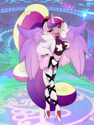 Size: 3000x4000 | Tagged: safe, artist:miniferu, princess cadance, alicorn, anthro, g4, boots, breasts, busty princess cadance, clothes, commission, costume, erect nipples, female, halloween, halloween costume, hand on hip, hellaverse, helluva boss, high heel boots, high heels, high ponytail, holiday, indoors, looking at you, milf, nightmare night, nipple outline, open mouth, open smile, shoes, skirt, smiling, solo, verosika mayday