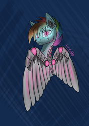 Size: 2480x3508 | Tagged: safe, artist:kirieshka, rainbow dash, pegasus, pony, g4, amputee, artificial wings, augmented, cyberpunk, cyberpunk 2077, headphones, headset, implant, implants, iron wings, mechanical wing, multicolored mane, pink eyes, prosthesis, prosthetic limb, prosthetics, visor, wings