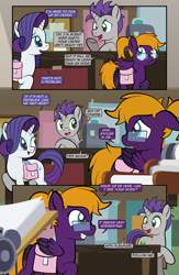 Size: 1920x2948 | Tagged: safe, artist:alexdti, rarity, oc, oc:freako, oc:purple creativity, pony, unicorn, comic:quest for friendship retold, g4, bag, horn, saddle bag