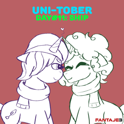 Size: 1080x1080 | Tagged: safe, artist:fantaje3, dapple, onyx, unicorn, g5, blushing, clothes, coat markings, dappled, duo, duo male and female, eyes closed, female, heart, horn, male, mare, nuzzling, scarf, ship:dappleonyx, shipping, smiling, stallion, straight, unitober 2024